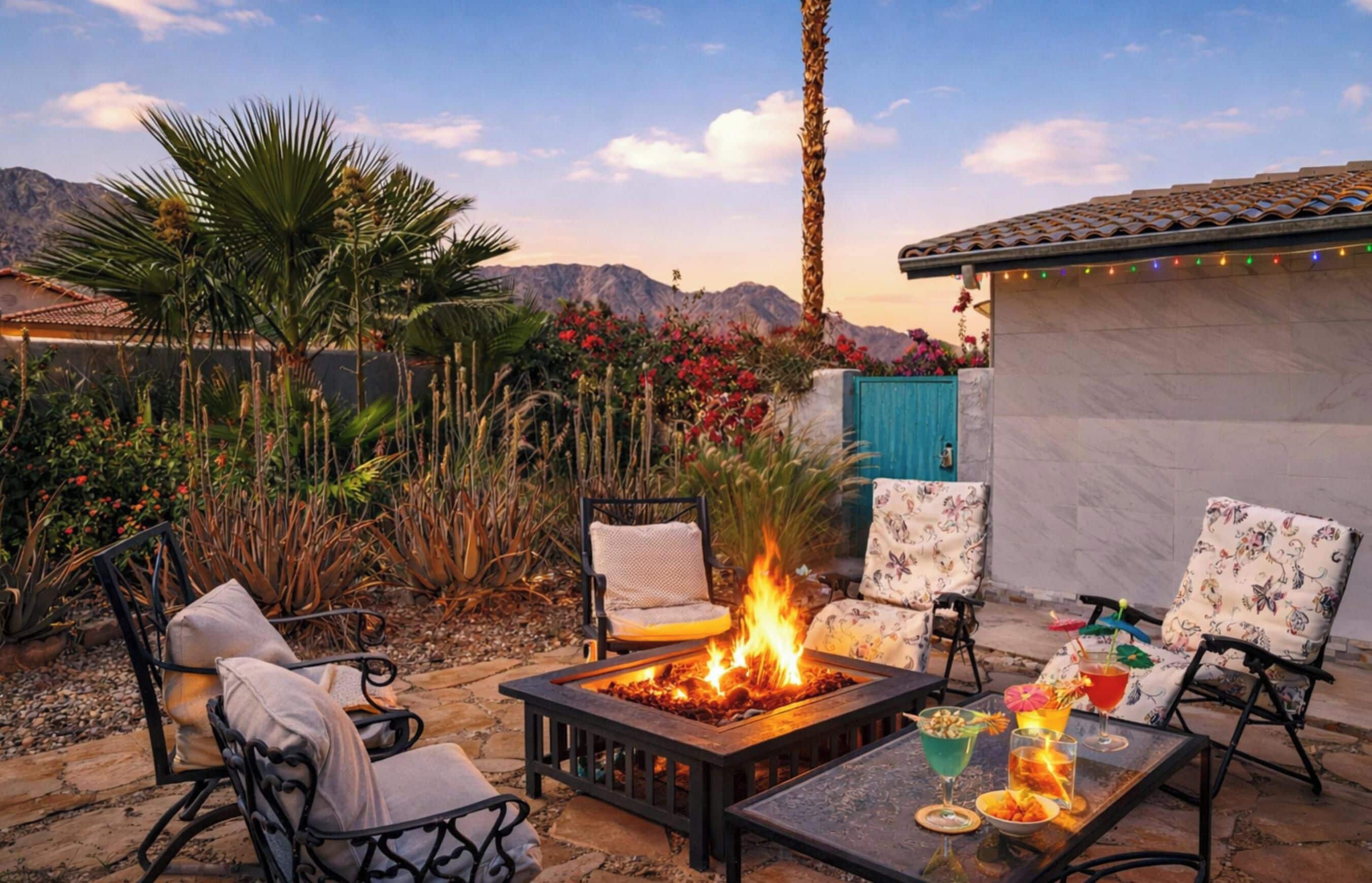 An outdoor patio with a fire pit, seating, and a view of mountains.