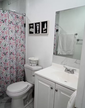 Secadora de cabello, toallas, jabón, papel de baño