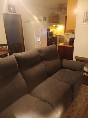 A living room with a sofa, a dining table, and a kitchen area with appliances.