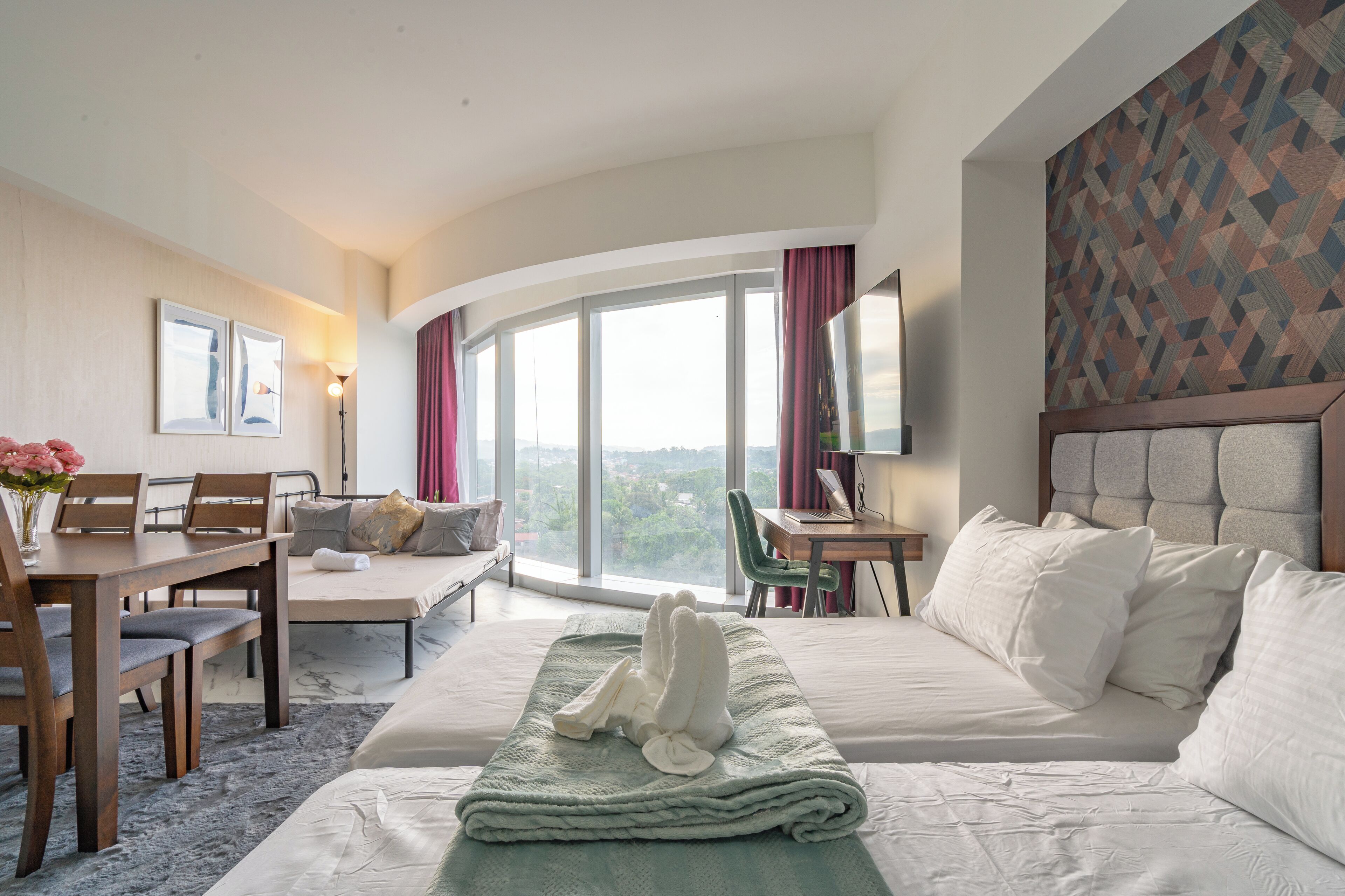 Deluxe Studio, Multiple Beds, Kitchen, City View | Individually decorated, individually furnished, desk, laptop workspace