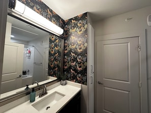 Hair dryer, towels, soap, toilet paper