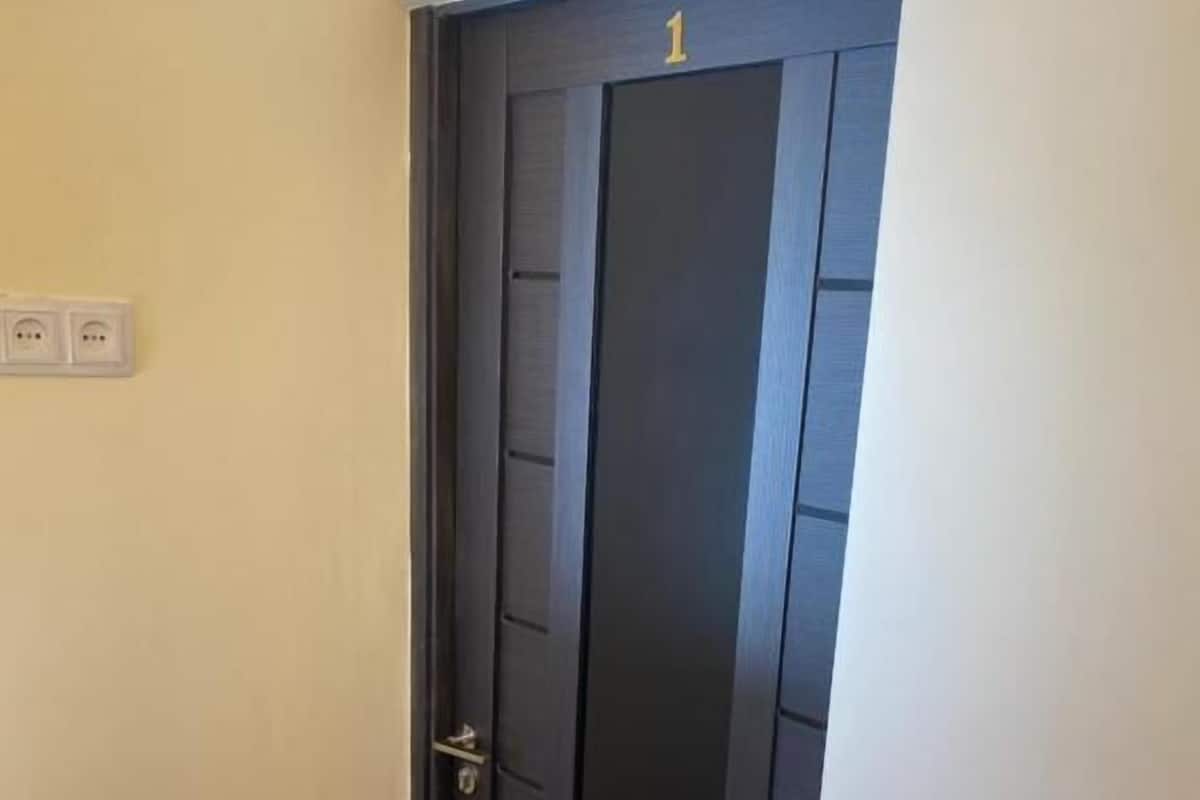 Una porta di colore scuro con il numero '1' sopra, una maniglia e un interruttore sulla parete a sinistra.
