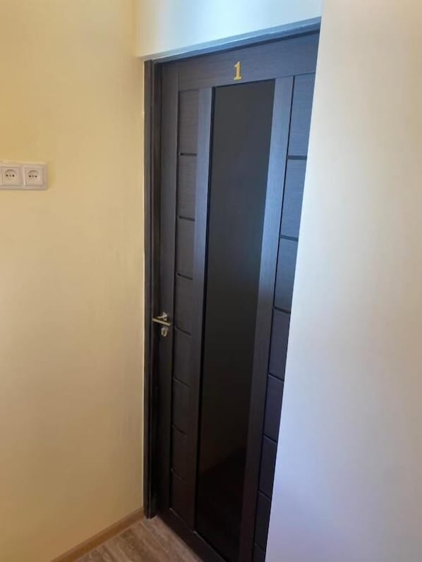 A dark-colored door with a number '1' above it, a door handle, and a light switch on the wall to the left. - Karine B&B (Yeghegnadzor)