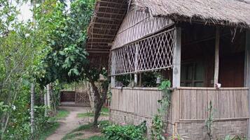 A rustic thatched-roof house with a lattice window, surrounded by a garden with various plants and a dirt path leading to it.