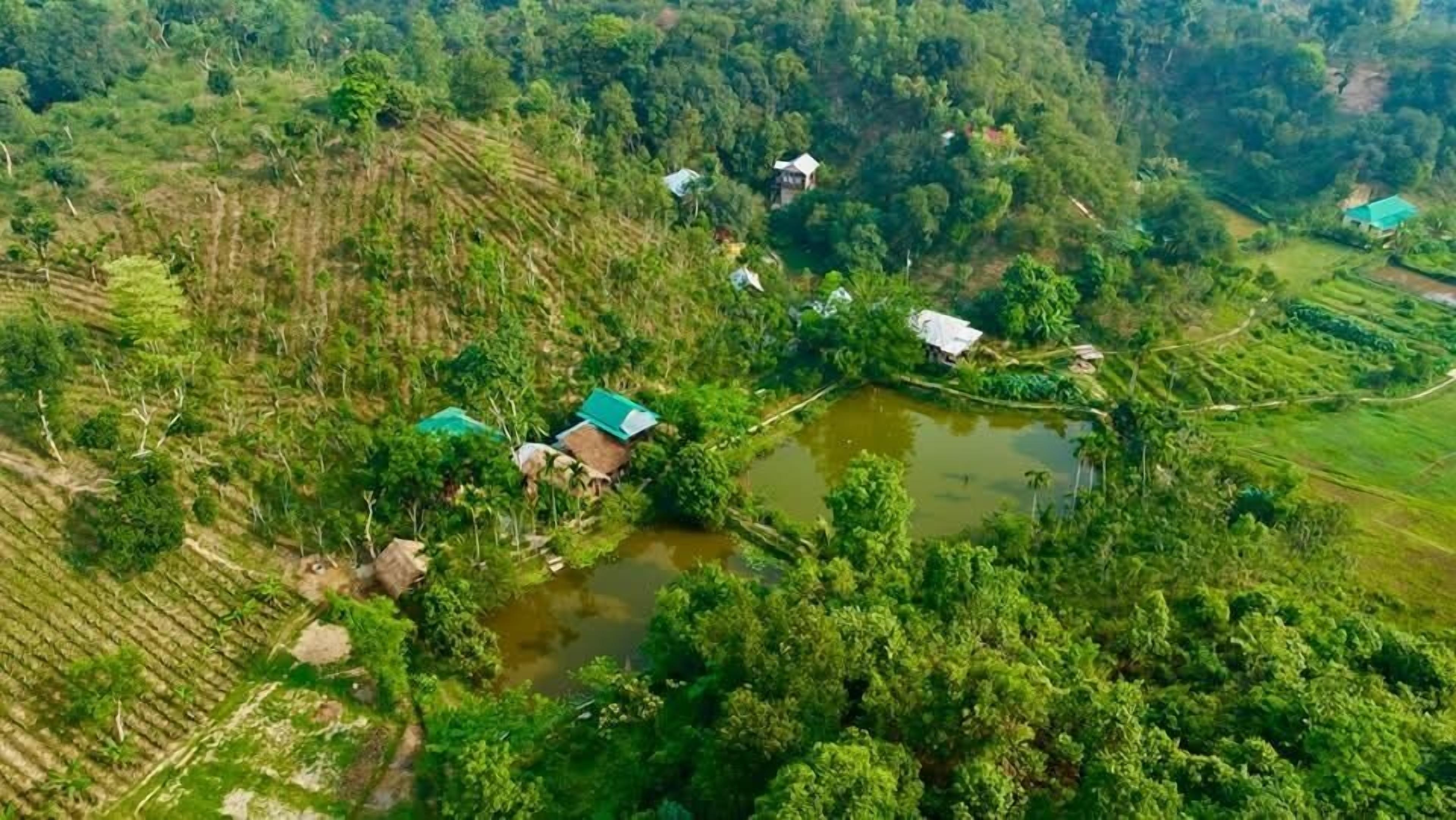 An aerial view of a rural area with scattered houses, a pond, and agricultural fields.