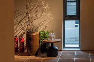 Una planta en maceta, una mesita con botellas y extintores cerca de una ventana.