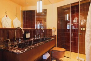Hair dryer, towels, shampoo