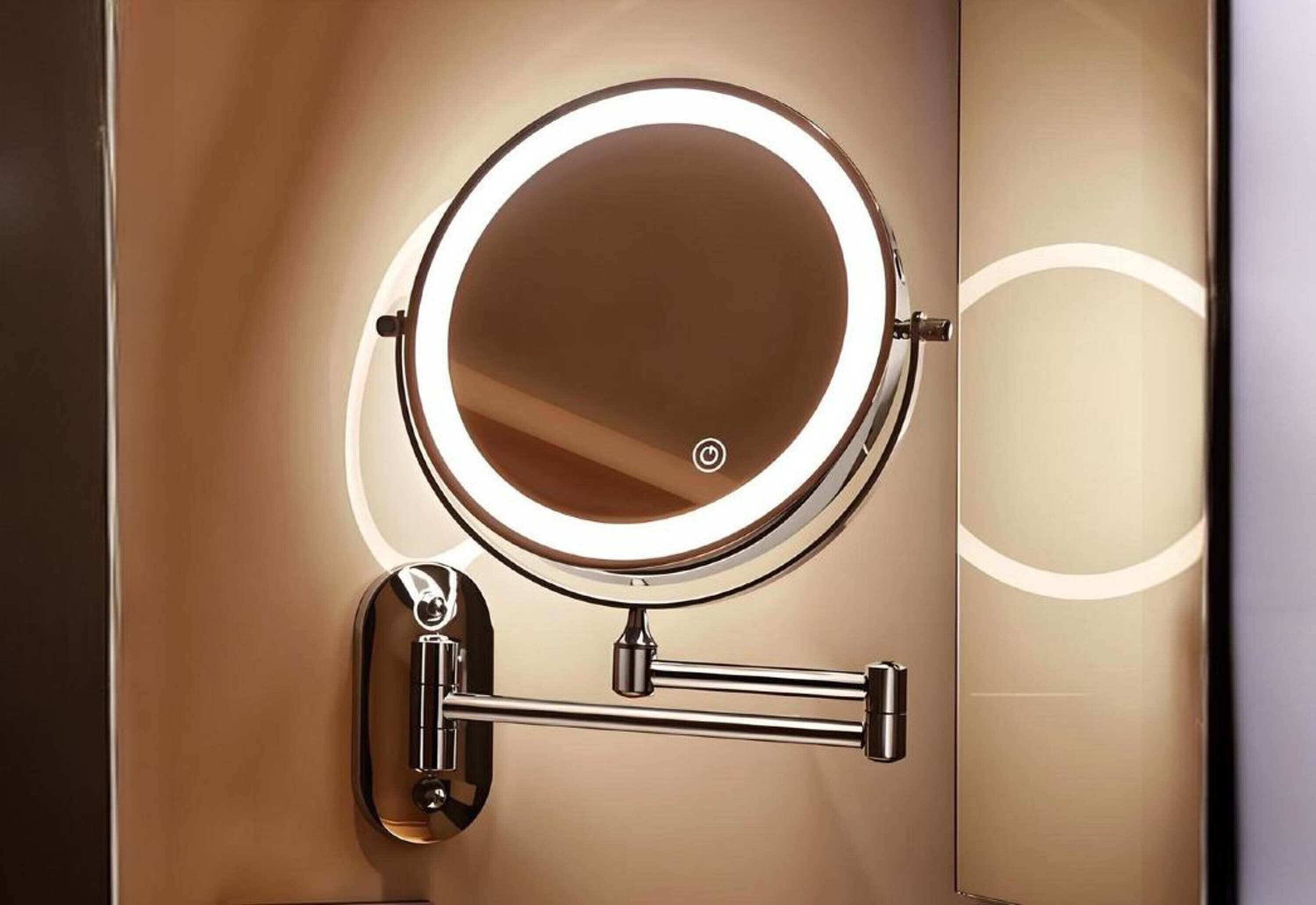 A wall-mounted mirror with a circular frame and a light.