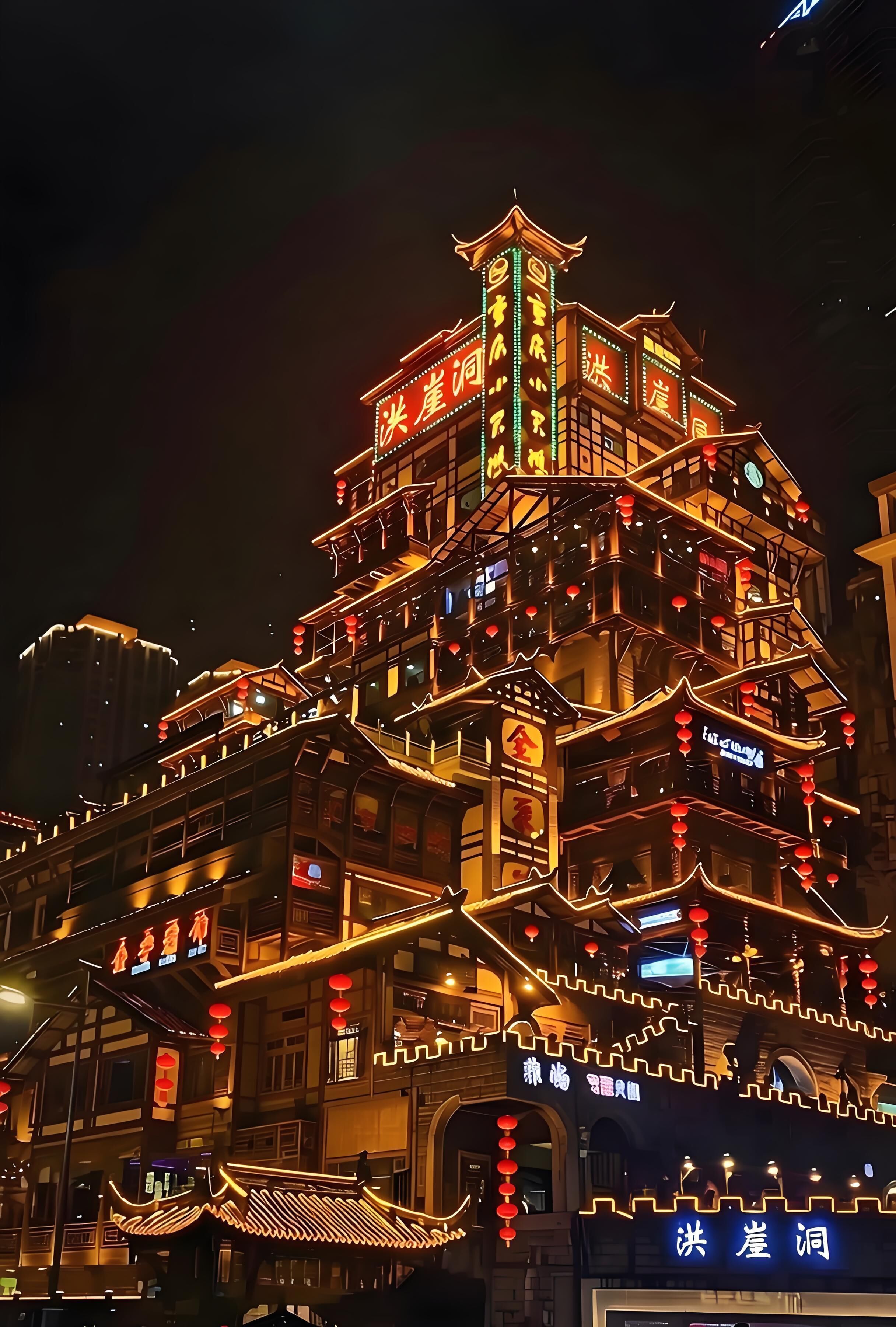 A multi-story building with traditional architectural design, featuring balconies and illuminated signage.