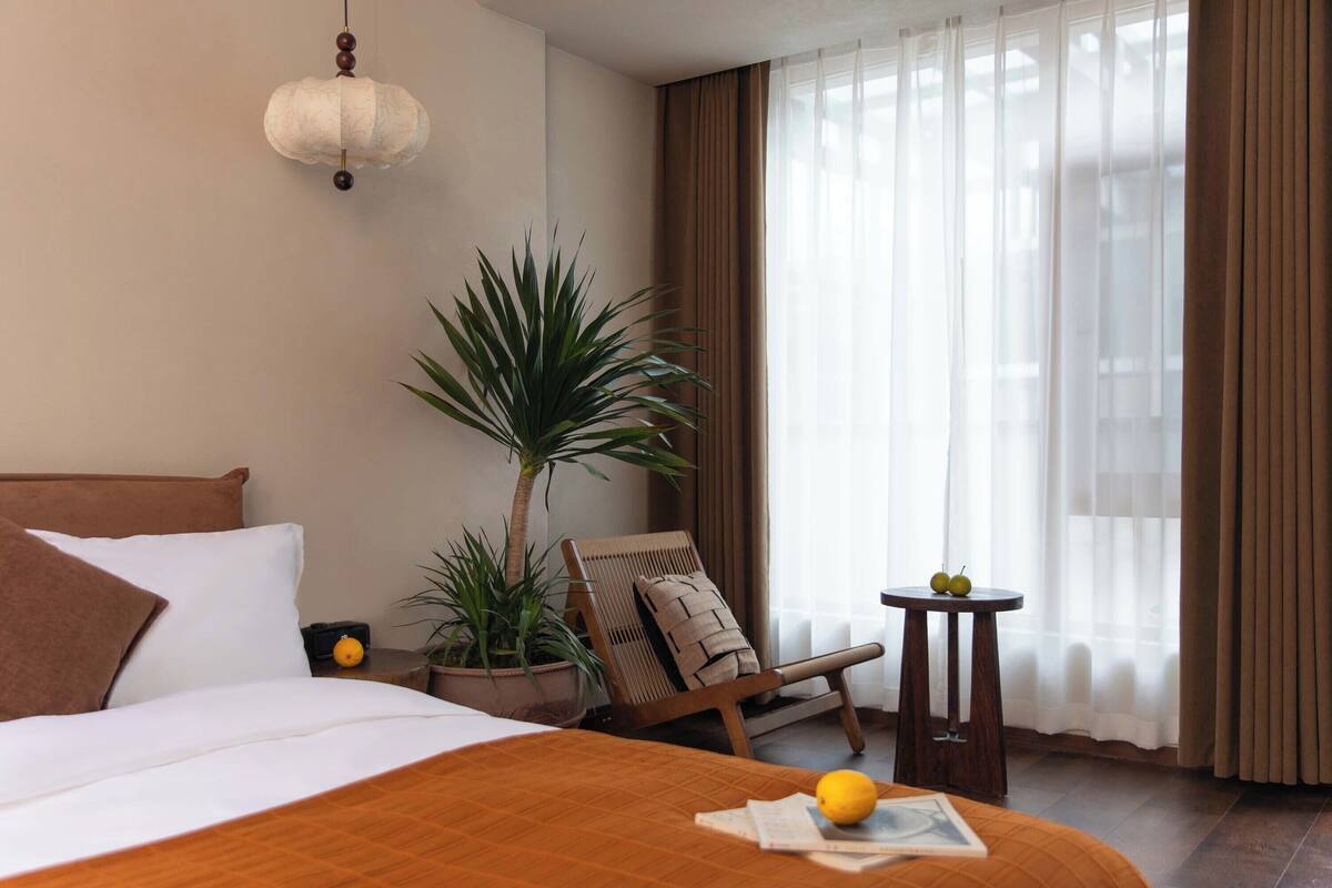 Une chambre d’hôtel avec un lit, une chaise, une petite table avec des fruits, une plante en pot et un luminaire suspendu.