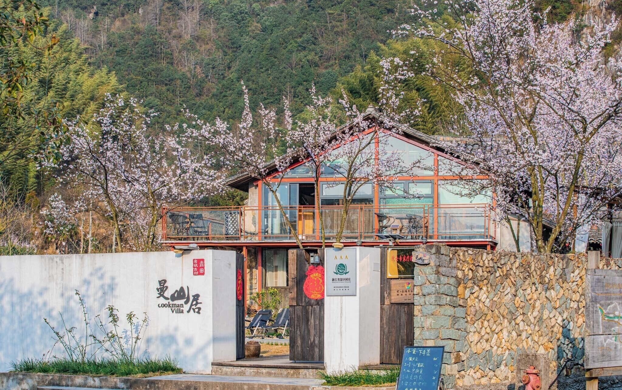 A modern villa with a glass facade, surrounded by blooming cherry trees.