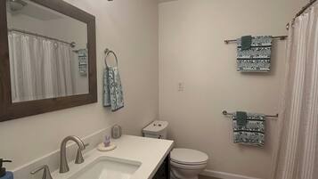 Hair dryer, towels, soap, toilet paper