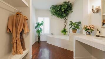 Shower, rainfall showerhead, hair dryer, bathrobes