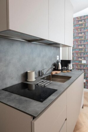 Studio | Desk, laptop workspace, blackout drapes, soundproofing