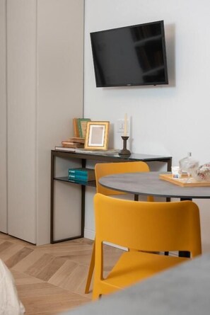 Studio | Desk, laptop workspace, blackout drapes, soundproofing