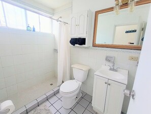 Shower, hair dryer, towels, soap