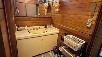 Hair dryer, bidet, towels, soap