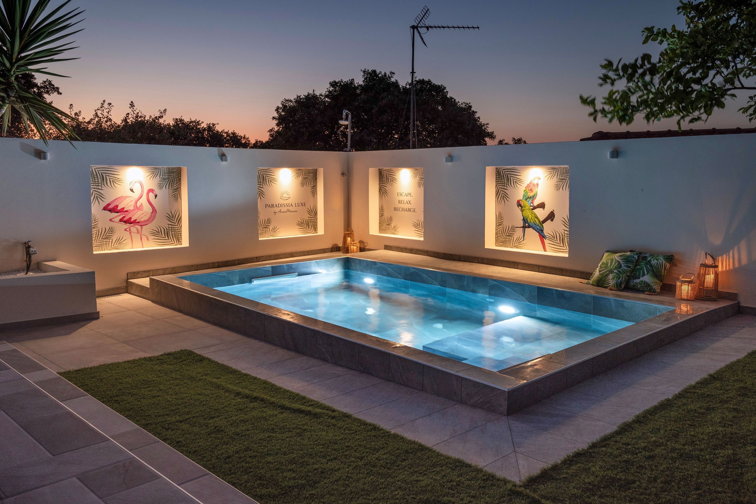 A rectangular swimming pool with a tiled edge, surrounded by a low wall with decorative panels.