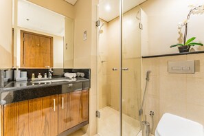 Regadera, secadora de cabello, bidet, toallas 