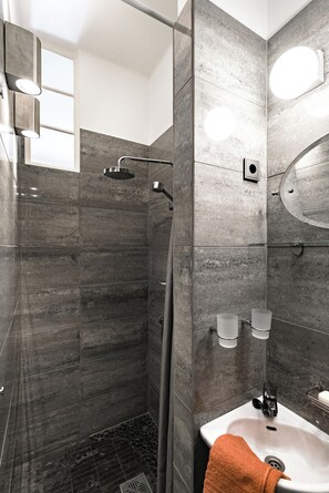Shower, hair dryer, bidet, towels