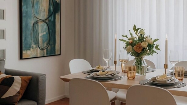 A dining area with a table set for four, white chairs, a chandelier, and a large abstract painting on the wall. - A cocoon in Porto .4 to 6 person modular apartment, practical and convivial (Porto)