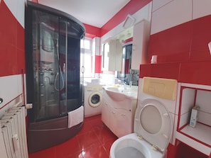 Hair dryer, towels, soap, toilet paper