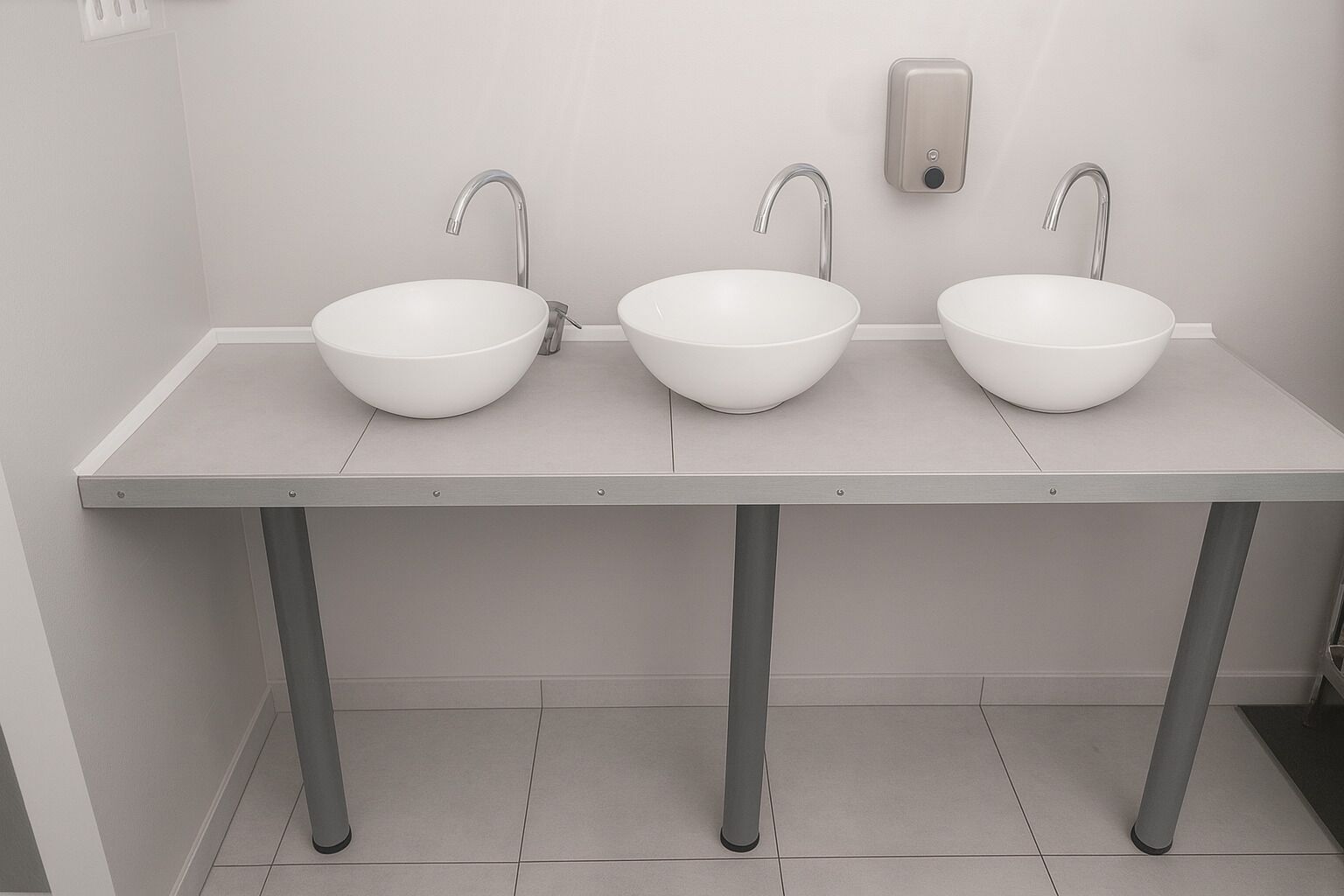 A bathroom with three white sinks, each with a modern faucet, and a soap dispenser on the wall.