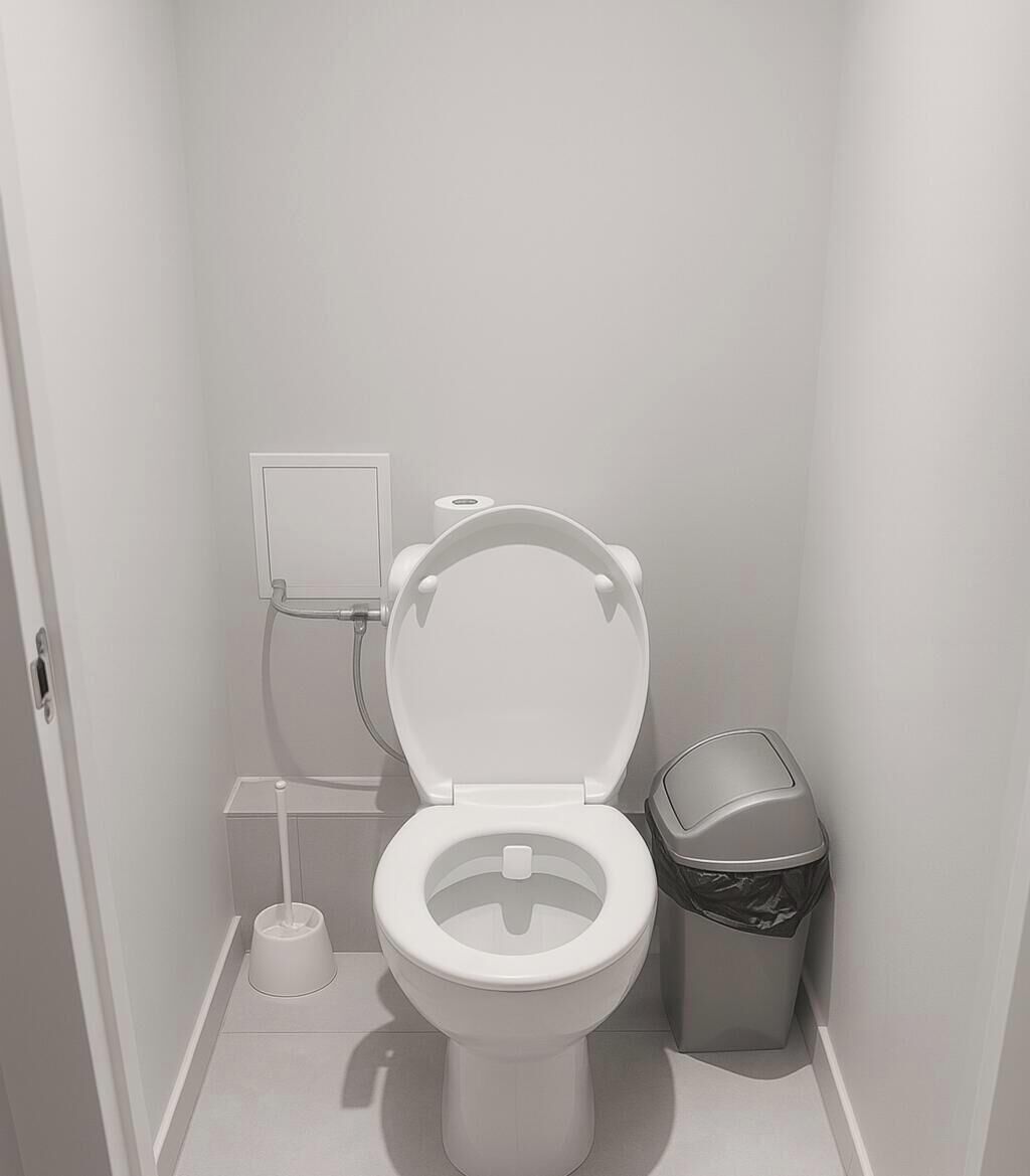 A small, white bathroom with a toilet, a trash bin, and a toilet paper holder.