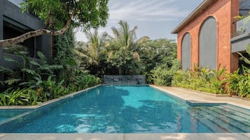 Outdoor pool, open 8:00 AM to 8:00 PM, pool umbrellas, sun loungers