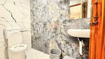 Shower, rainfall showerhead, bidet, soap