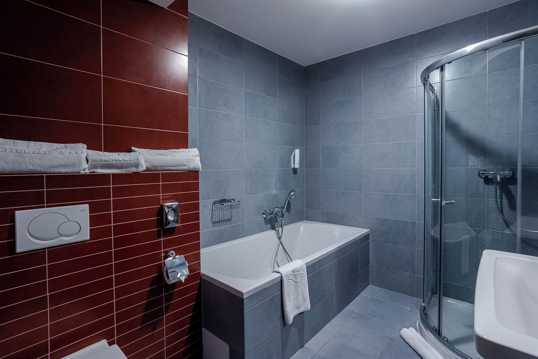 A modern bathroom with a glass-enclosed shower, a standalone bathtub, and a toilet.