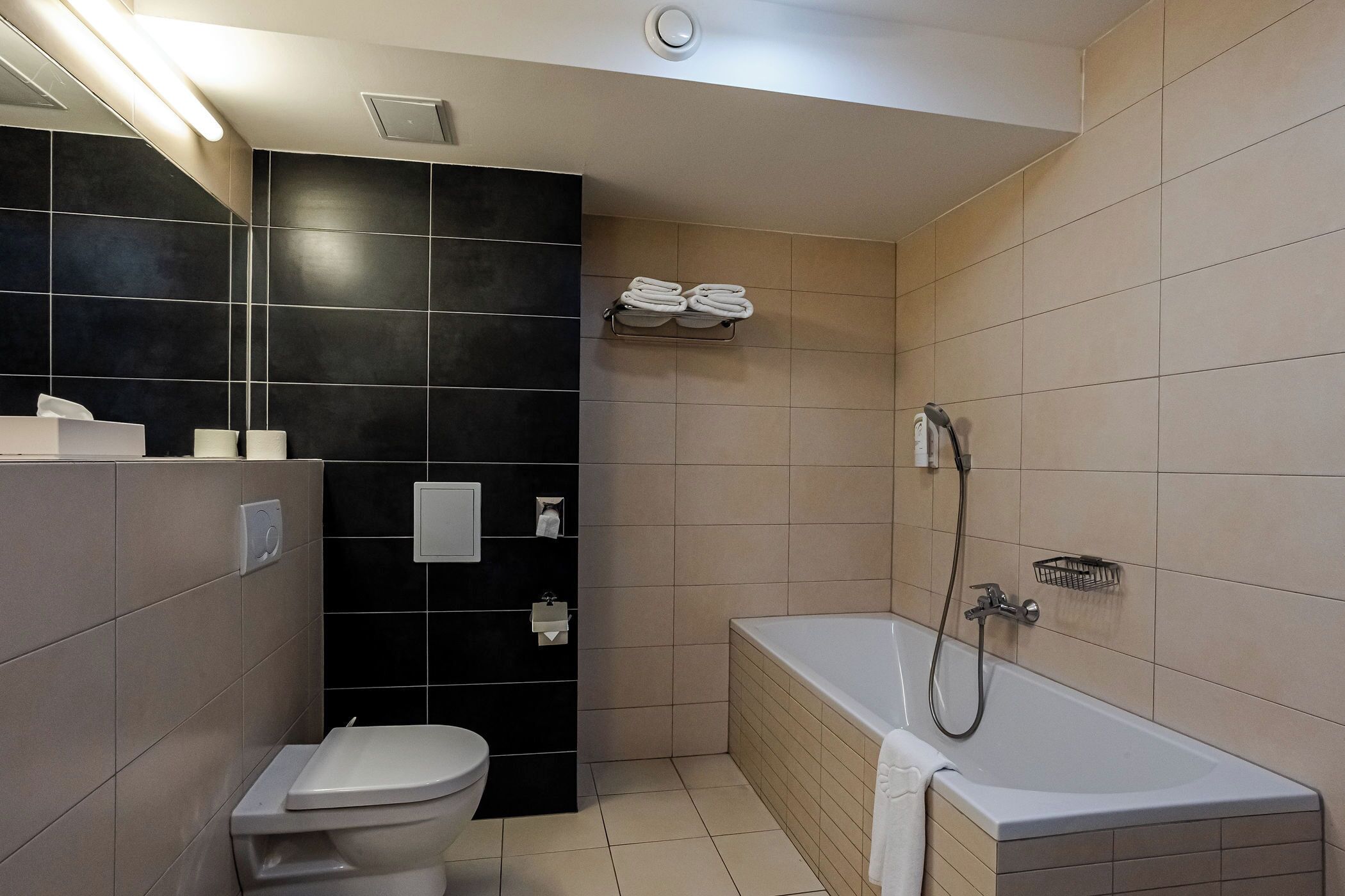 A modern bathroom with a toilet, a bathtub, and a towel rack.