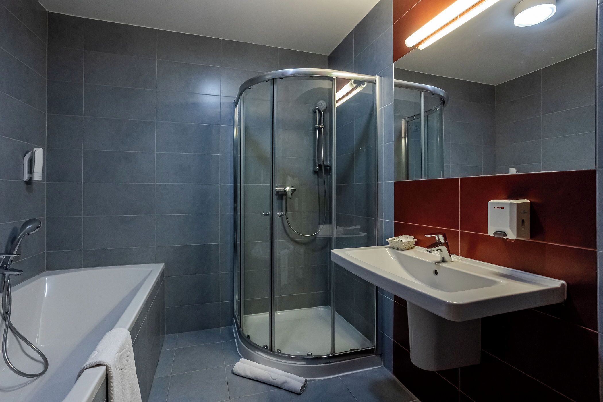 Un baño moderno con ducha de vidrio, una bañera blanca y un lavabo con espejo.