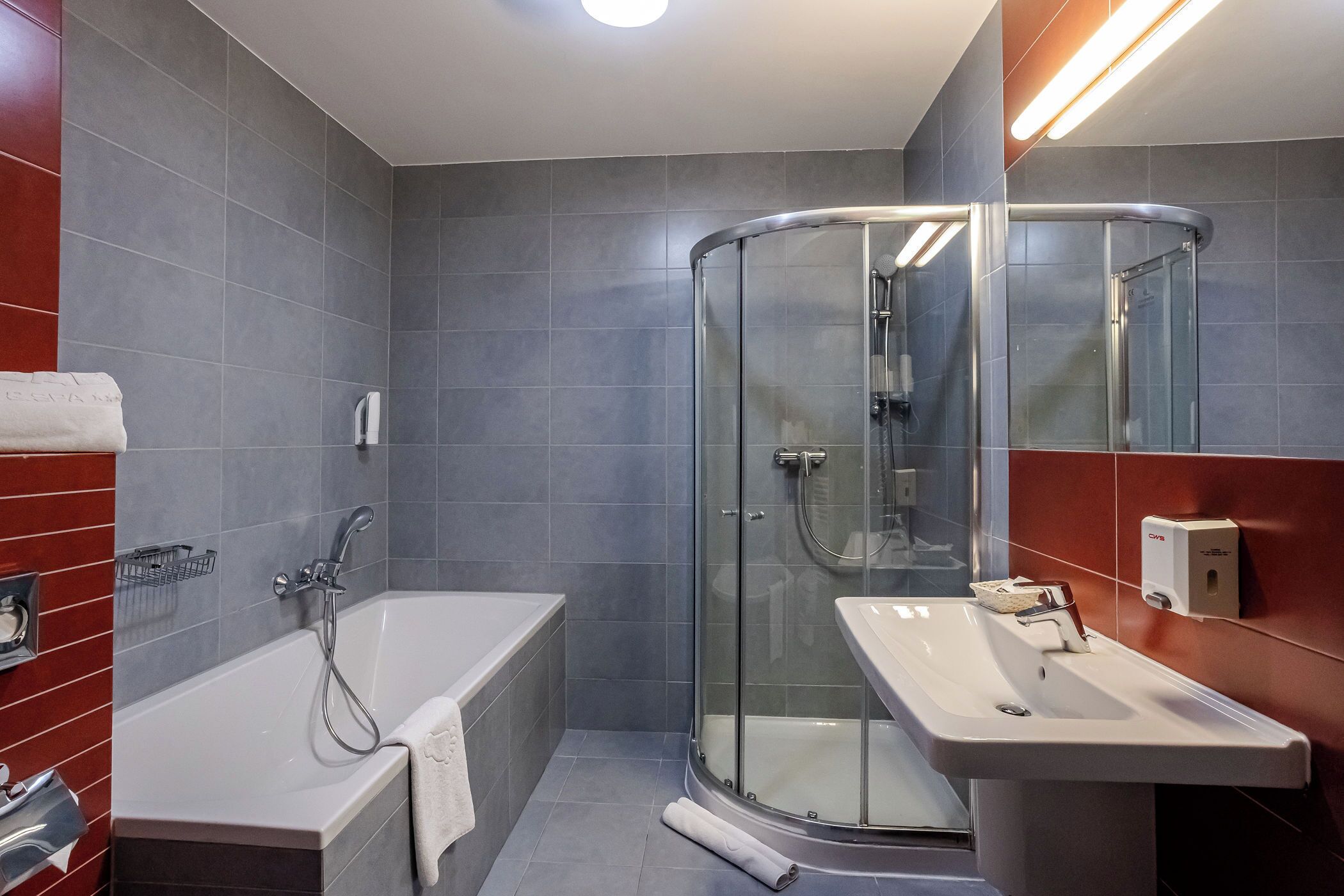 A modern bathroom with a glass-enclosed shower, a standalone bathtub, and a sink with a soap dispenser.
