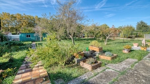 Un jardin avec un chemin en briques, des jardinières en bois et un abri de jardin bleu.