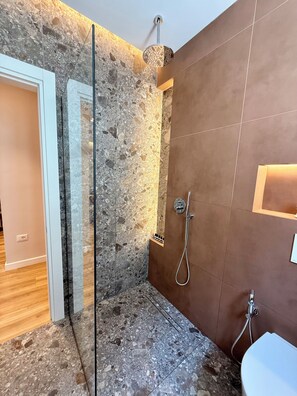Shower, towels, soap, toilet paper