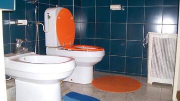 Hair dryer, bidet, towels, soap