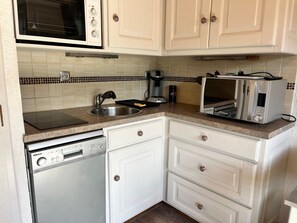 Fridge, microwave, dishwasher