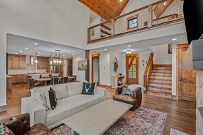 Smart TV, fireplace, books