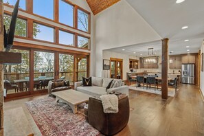 TV connectée, cheminée, livres