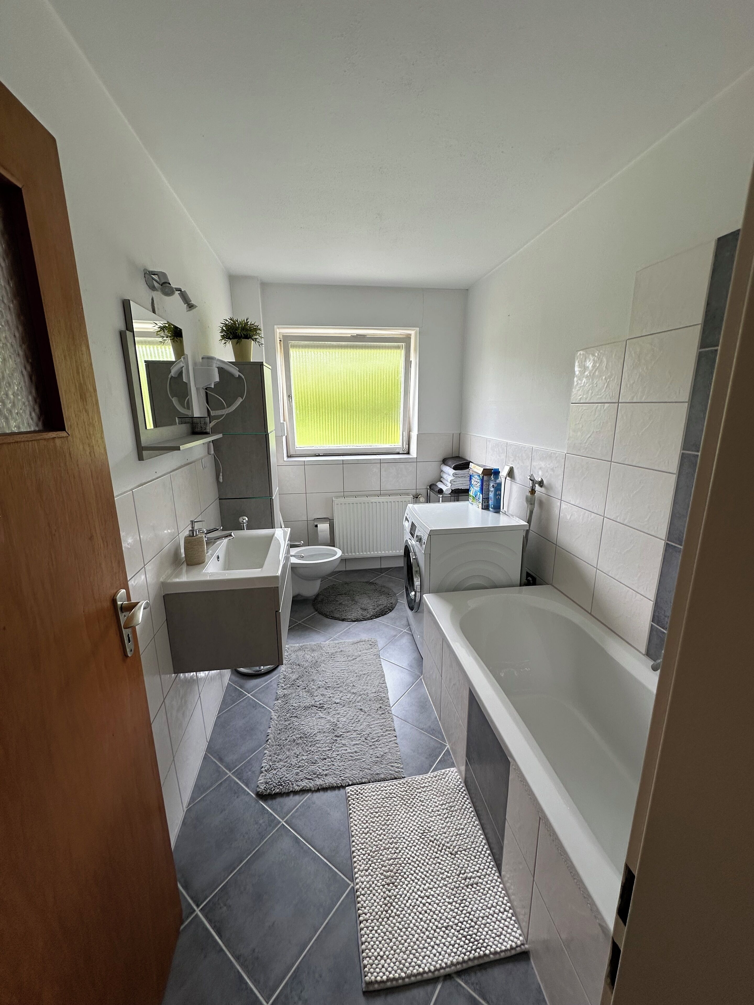 Hair dryer, towels, soap, toilet paper