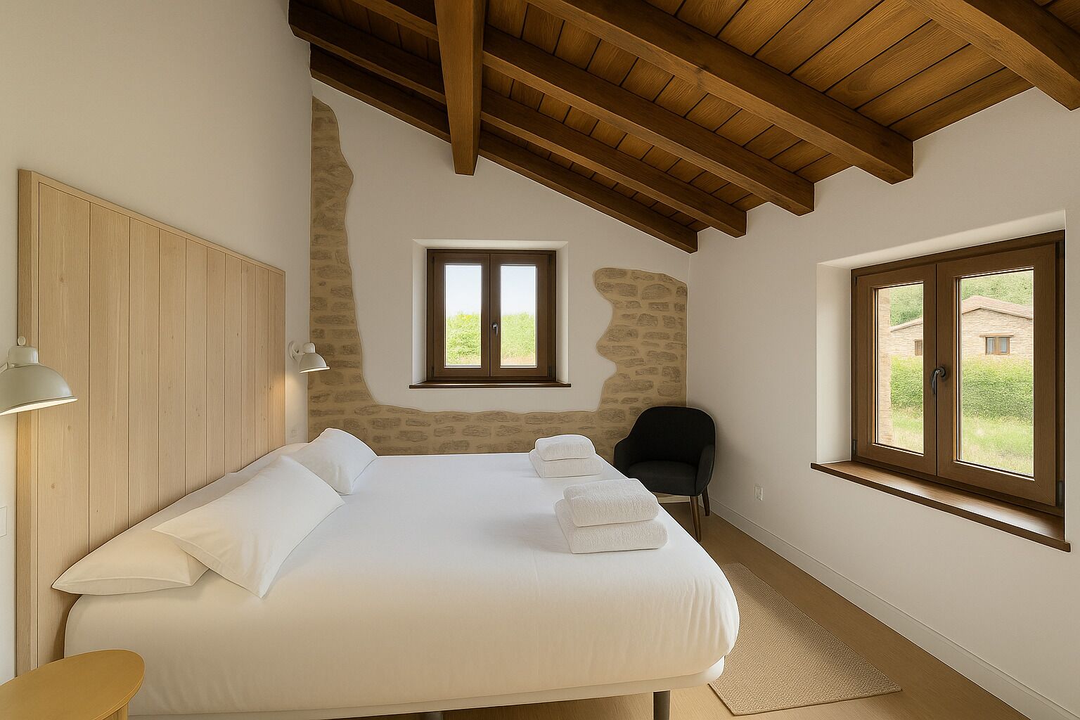 A bedroom with a large bed, a wooden ceiling, a stone wall, a window, and a chair.