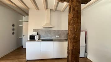 Apartamento luxo, vista para o jardim | Cozinha privada | Geladeira, micro-ondas