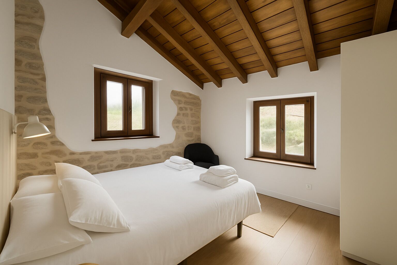 Un dormitorio con una cama, dos ventanas, una pared de piedra y un techo de madera.