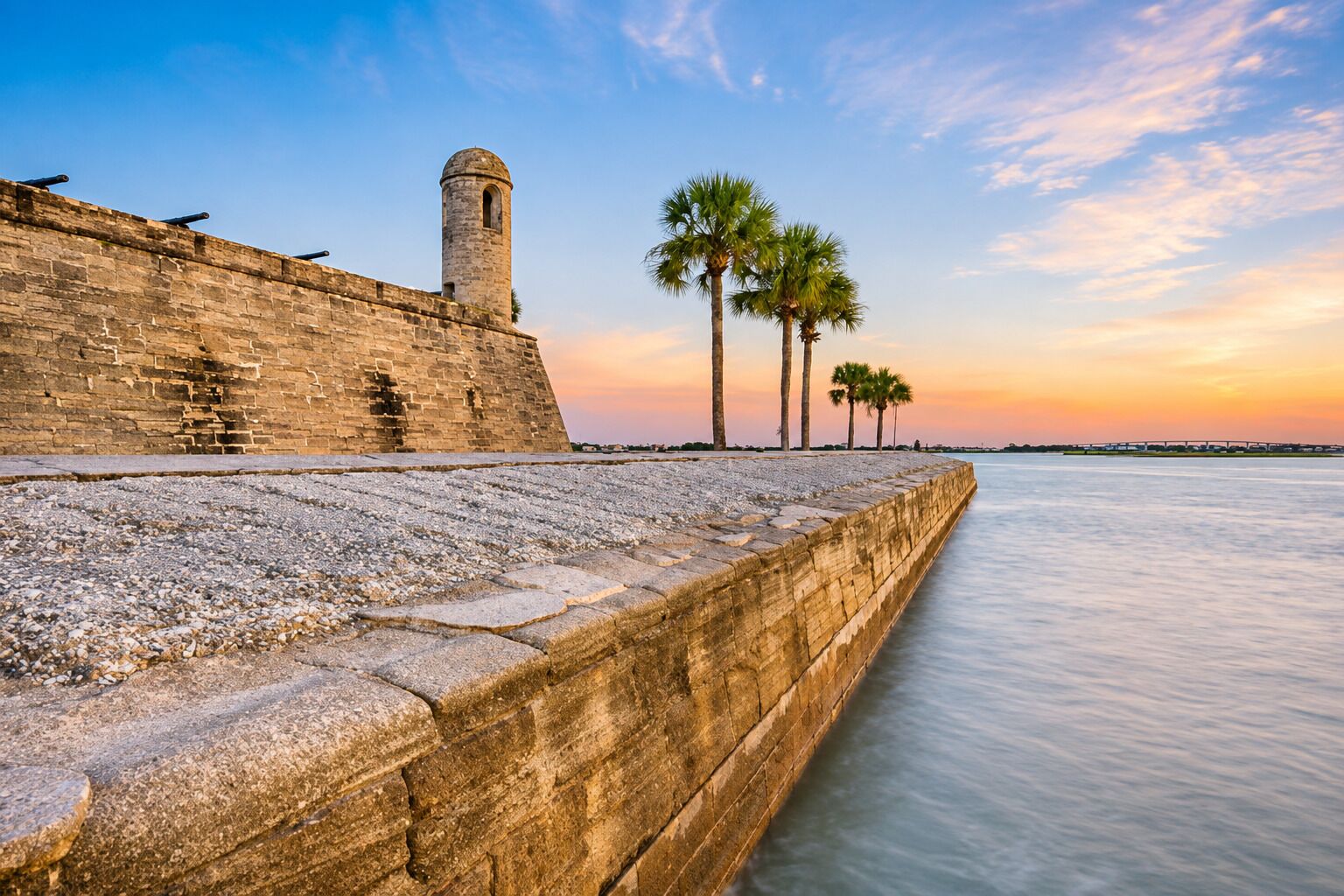 Un mur de pierre, surmonté d’une tour, avec des palmiers le long d’une promenade au bord de l’eau.