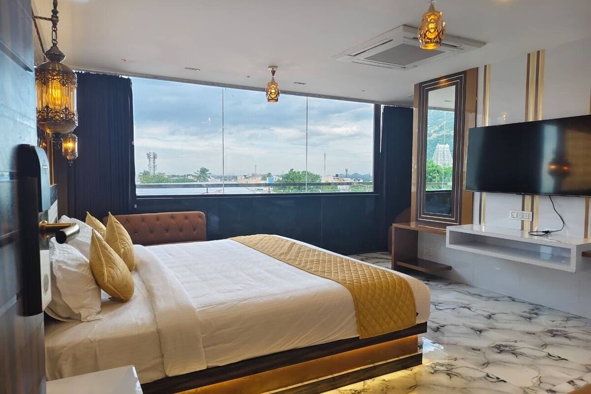 A hotel room with a large bed, a television, a window with a city view, and a ceiling fan.