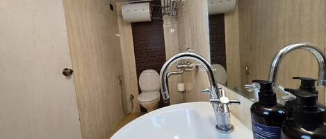 A bathroom with a white sink, a handheld showerhead, and two bottles of shampoo.