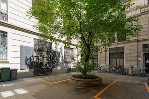 A courtyard with a tree, bicycles, and a building with large windows.