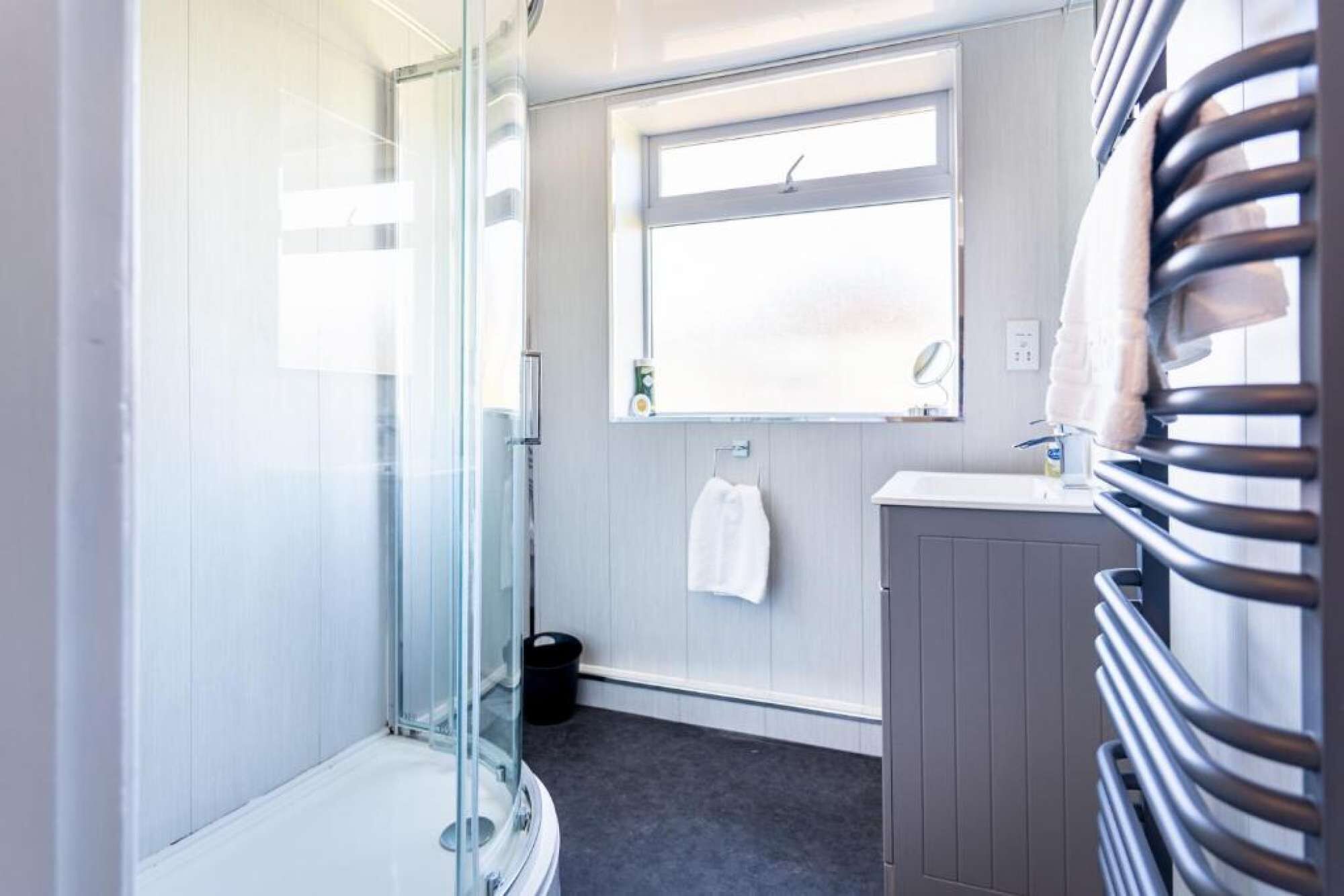 Shower, hair dryer, towels
