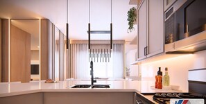 Jääkaappi, mikroaaltouuni, uuni, liesi